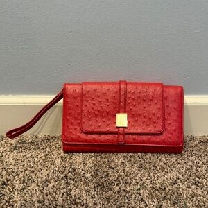 Red Faux Leather Ostrich Embossed Wristlet Clutch Evening Bag